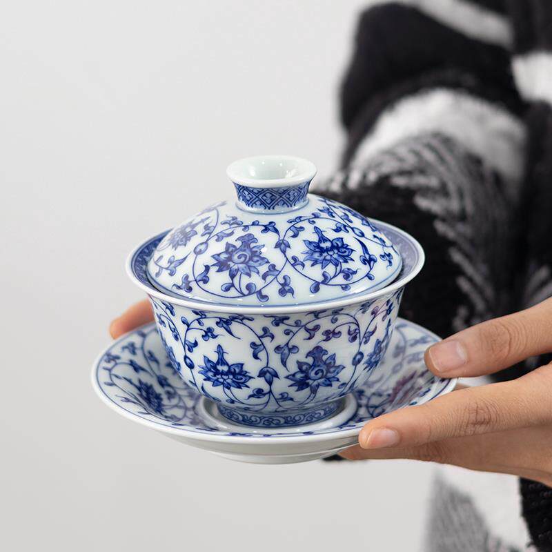 景德镇中式青花缠枝莲盖碗大号茶碗陶瓷功夫茶具三才盖碗大容量