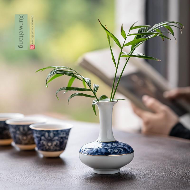 描金青花瓷小花瓶|高档釉下彩茶桌小花器陶瓷台面桌面小花插花道