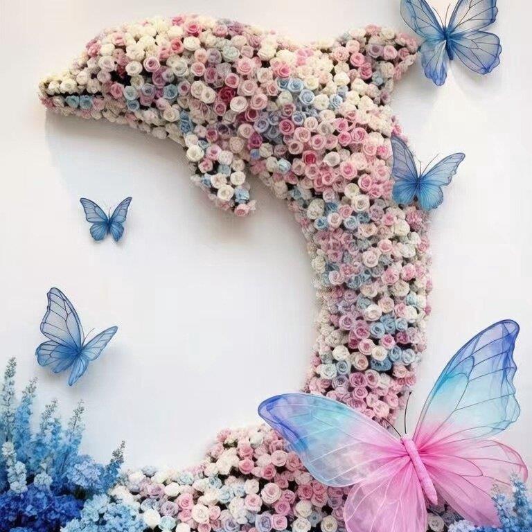 巨型海豚装饰背景墙花朵装扮夏季海洋风格商场墙面仿真花氛围打卡