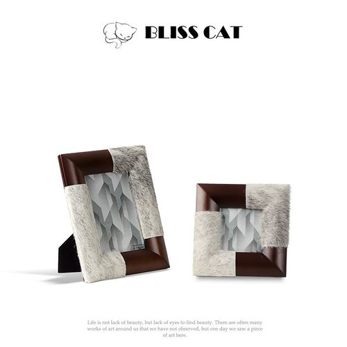 现代轻奢马毛皮h革实木相框7寸4寸客厅卧室床头柜艺术画框家居摆