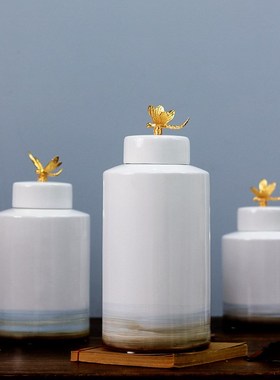 新中式水墨d陶瓷摆件储物罐家居饰品样板房玄关配饰陶瓷罐软装饰