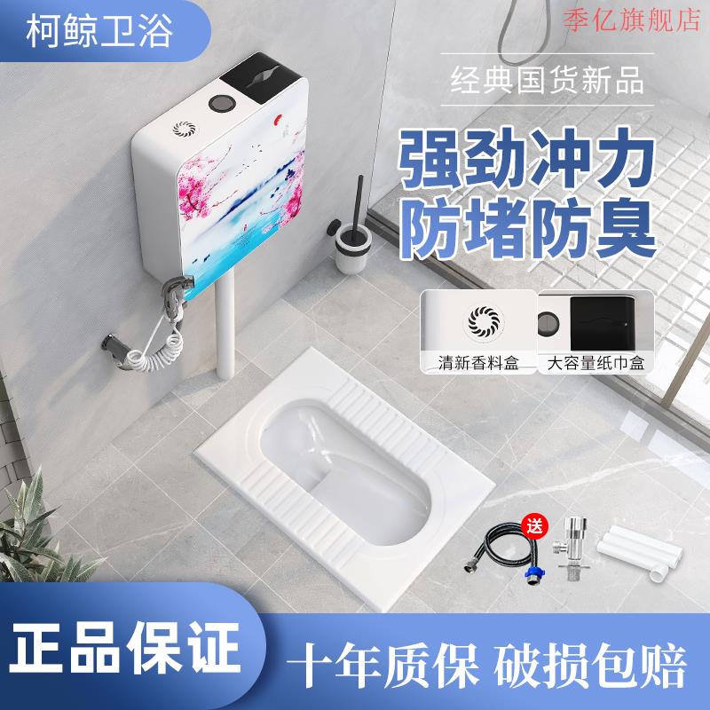 高档家用陶瓷蹲便器蹲坑式冲水C箱整套L装大便器化妆室防臭便盆