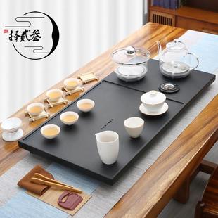 家用办公整块原石全自动一体底部上水排水茶台 天然乌金石茶盘套装