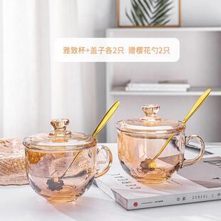 大容量玻璃杯燕麦片早餐杯子家用女牛奶杯带盖勺碗水可微波炉加热