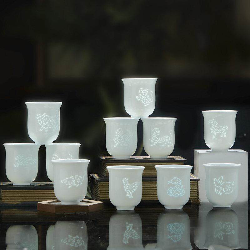 十二生肖影青陶瓷杯景德镇高档主人杯雕刻品茗杯客厅茶杯个人水杯