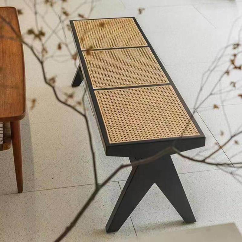 中古复古餐椅藤编椅子设计师实木网红艺术感长凳子长条凳昌迪加尔