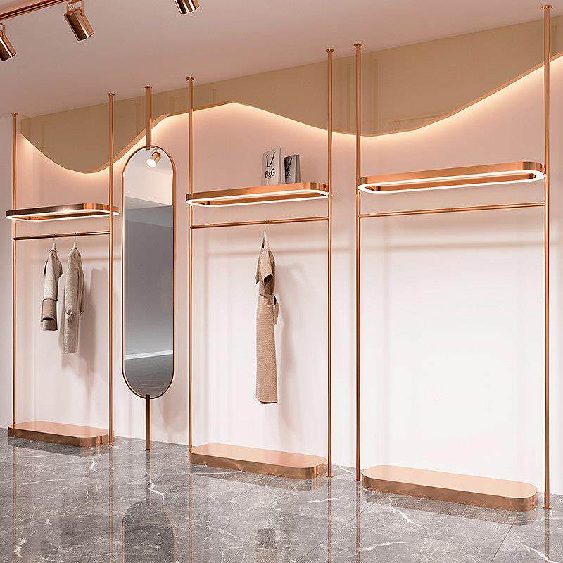 服装店展示架不锈钢玫瑰金立柱上墙壁挂女装店挂衣服架子陈列货架