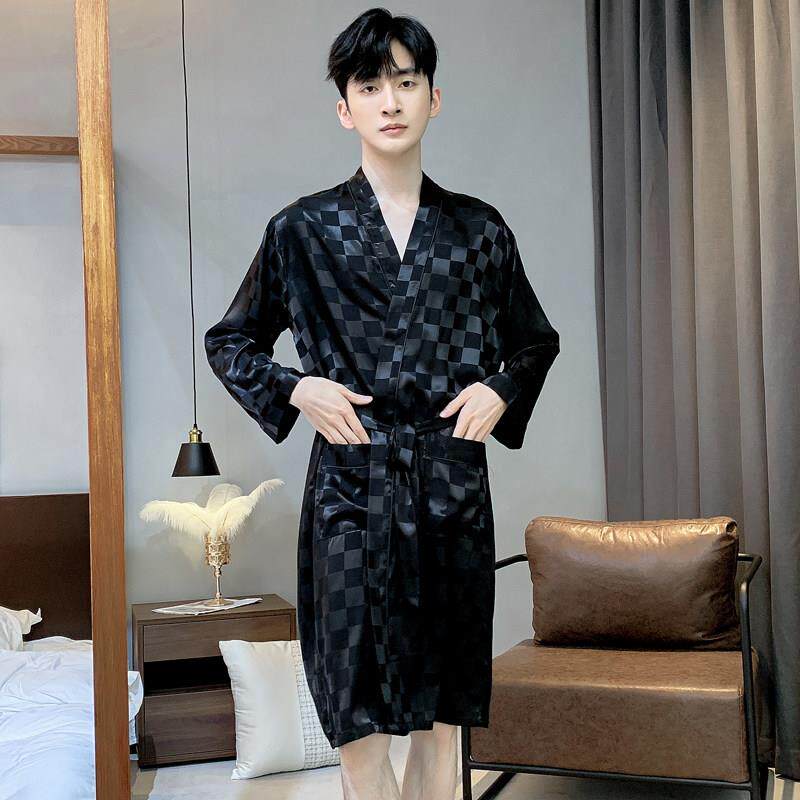 夏季男士睡袍冰丝睡衣长袖浴袍丝绸薄款家居服晨袍新款春秋款大尺