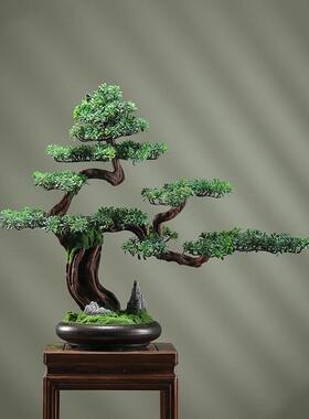 彷真迎客松盆景客厅玄关办公室茶桌绿植盆栽罗汉松装饰新中式摆件