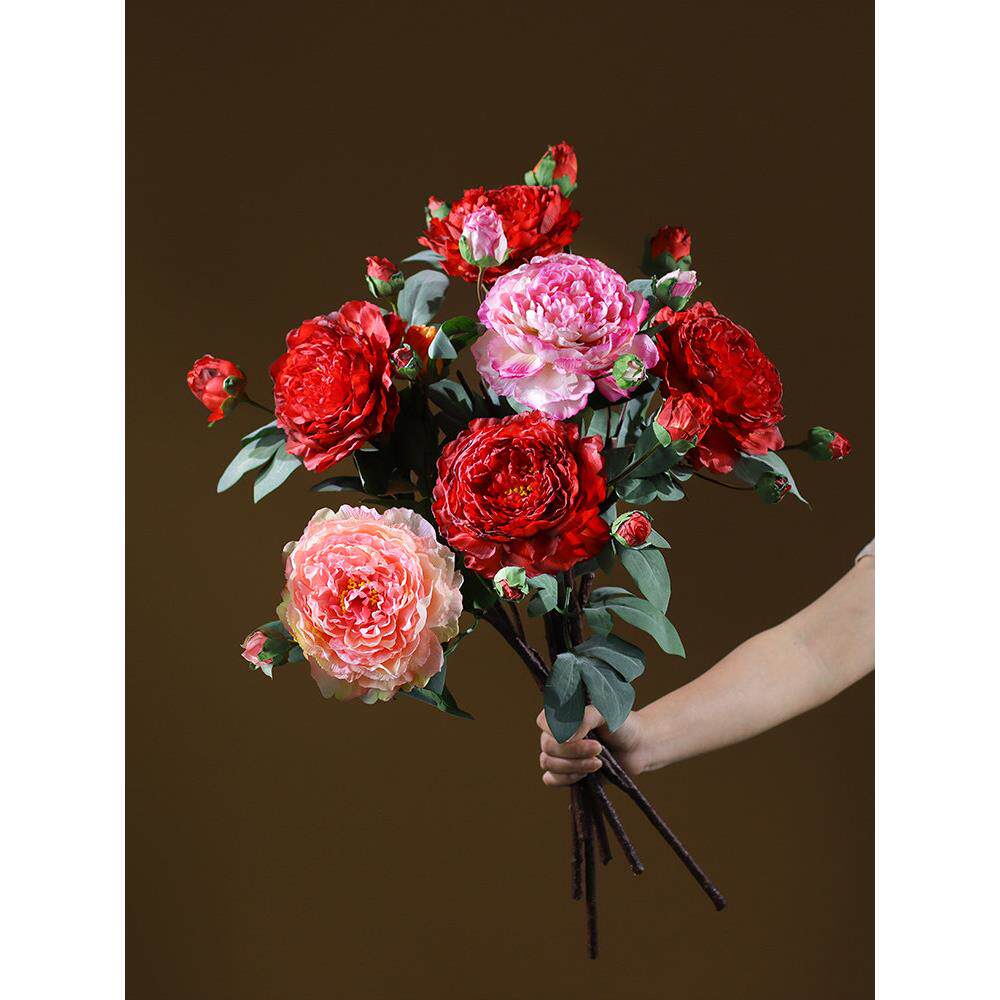 红色牡丹人造花装饰装饰品客厅高端花束单朵插花塑料花模彷干花艺