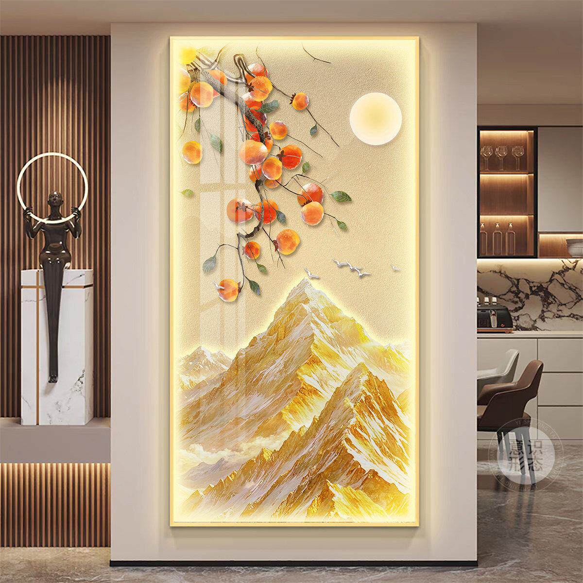 柿柿如意玄关装饰画日照金山入户正对门挂画led带灯走廊过道壁画