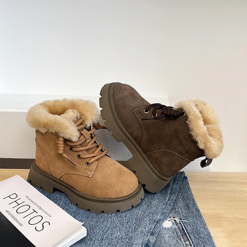 2024冬新款工装风大棉靴子男女童保暖雪地靴防滑加绒侧拉链马丁鞋