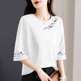 纯棉七分袖t恤女上衣2025年新款夏季爆款高端女装白色中袖体恤衫