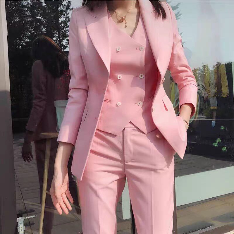春秋高级感炸街粉色西装马甲三件套装女时尚职业气质工作服正装