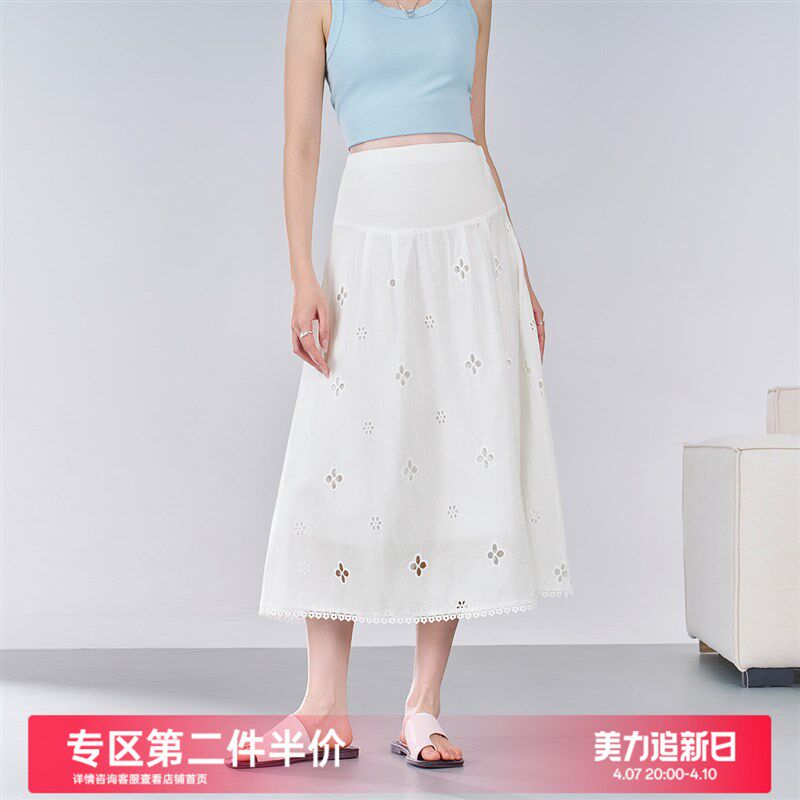 孕妇半身裙春夏2025新款孕期花边镂空裙子高腰托腹小个子白色半裙