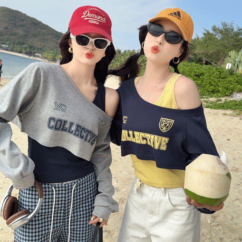 美式复古露肩吊带背心叠穿两件套长袖T恤女2025春秋新款打底上衣