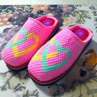 冬季纯手工编织毛线拖鞋居家加厚保暖防滑耐磨婚嫁勾织拖鞋成品女
