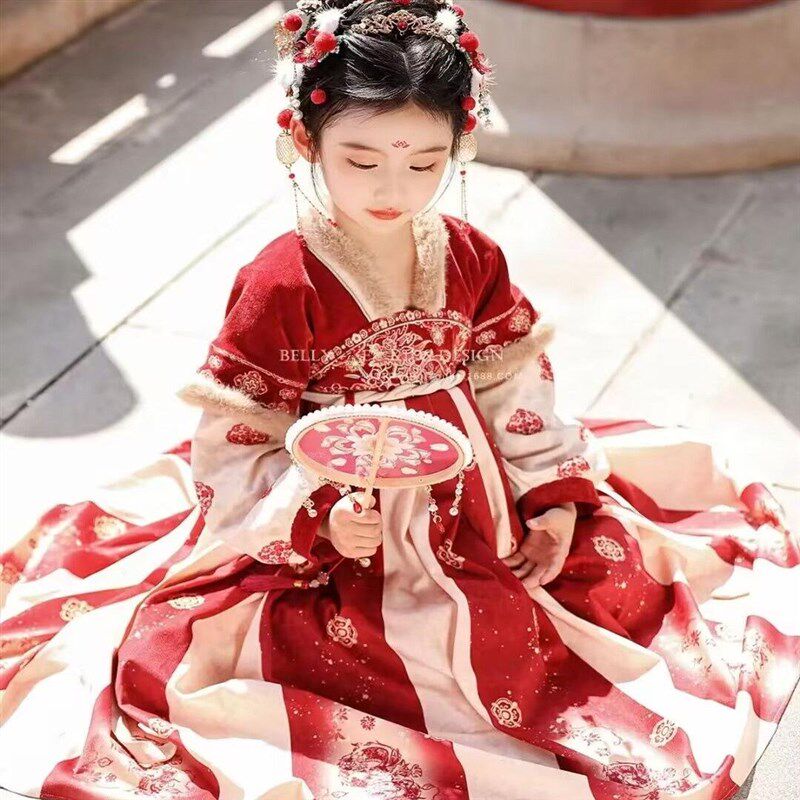 新款女童汉服冬款加绒款连衣裙女宝古风红色过年拜年服唐装演出服
