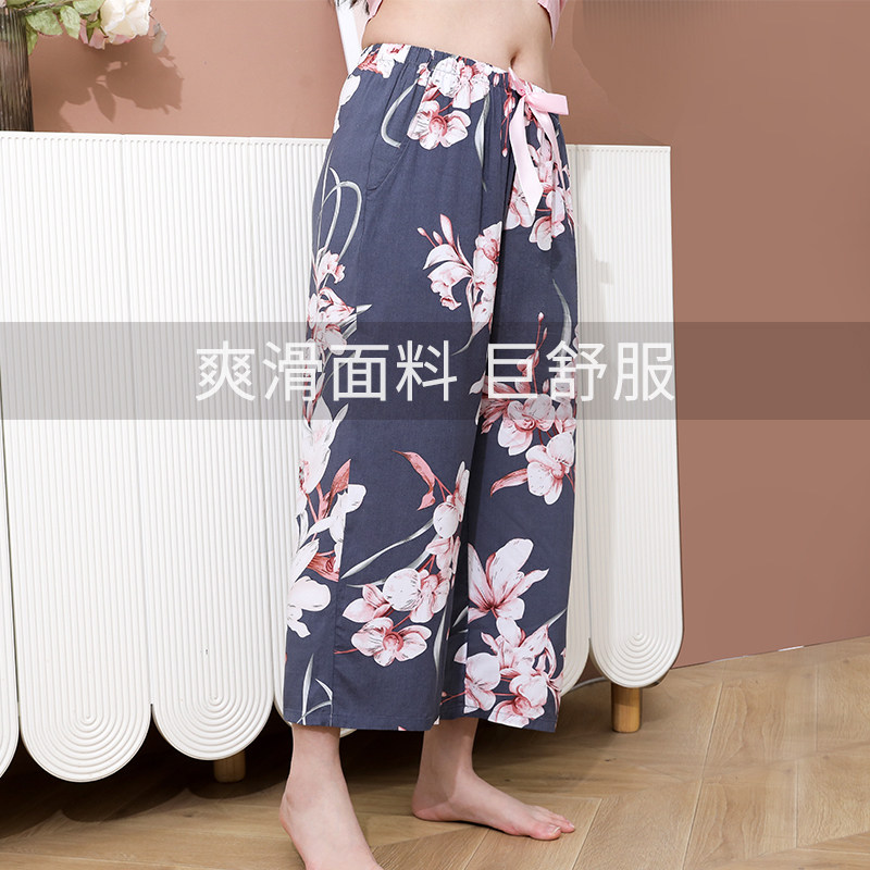 人棉七分裤女印花清凉垂v感阔腿裤夏季薄款中年妈妈家居睡裤
