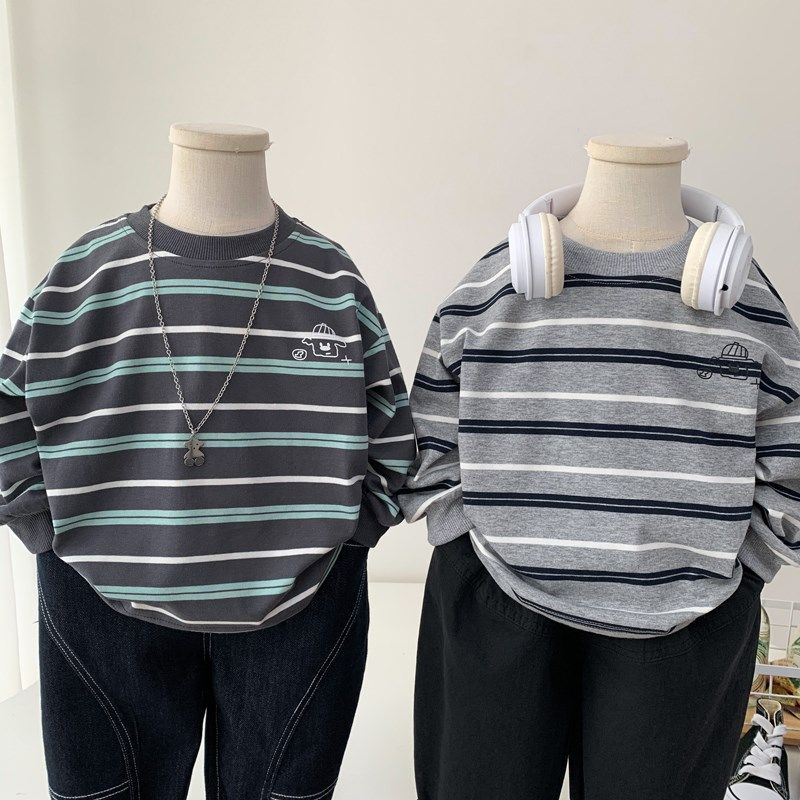 男童薄款卫衣宽松体恤衫春秋装男孩纯棉长袖t恤洋气条纹上衣休闲t