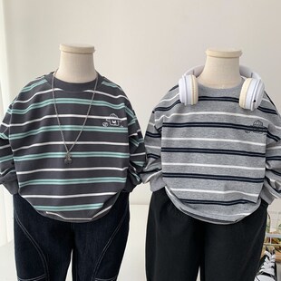 男童薄款卫衣宽松体恤衫春秋装男孩纯棉长袖t恤洋气条纹上衣休闲t