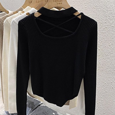 2023毛衣女秋冬内搭设计感小众加厚打底衫修身方领挂颈针织衫上衣