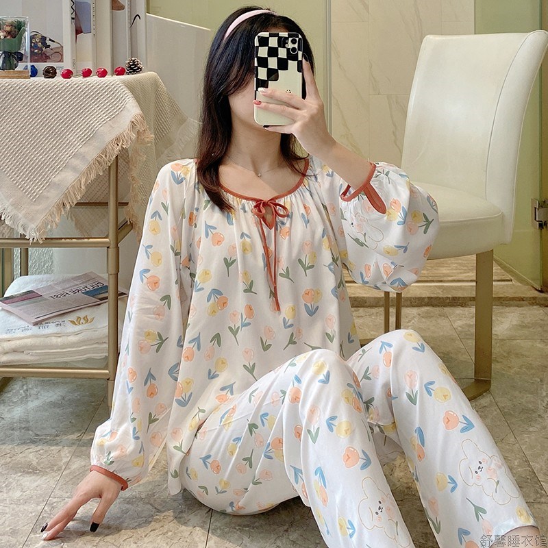 绵绸睡衣女夏季纯棉绸长袖韩版时尚女装大码可外穿薄款家居服套装