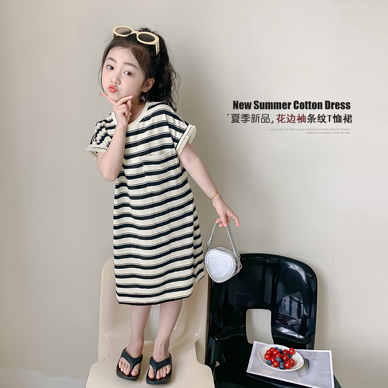 女童夏装T恤裙2025新款儿童夏季条纹连衣裙洋气女孩韩版百搭裙子