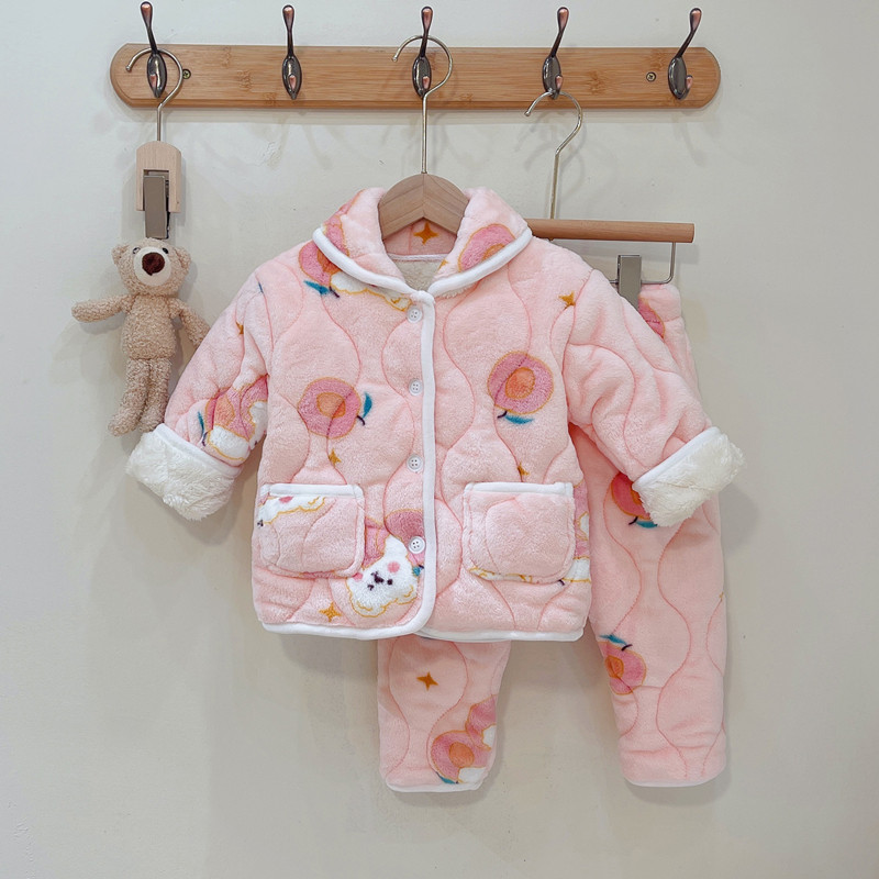 儿童睡衣冬季加厚女童家居服套装小童女宝宝三层铺棉睡衣加绒保暖