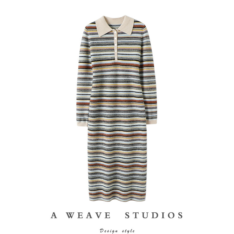 气质惊呆!重工细条纹100%纯山羊绒连衣裙子纯羊绒毛衣长款针织衫