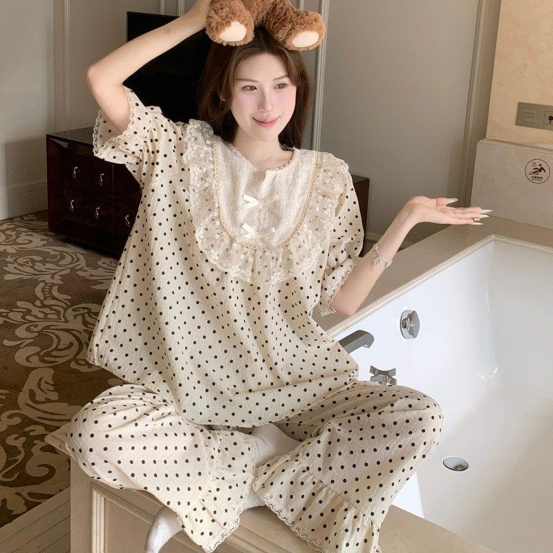 睡衣女款夏季短袖长裤韩版甜美宫廷风蕾丝波点纯棉麻家居服套装薄