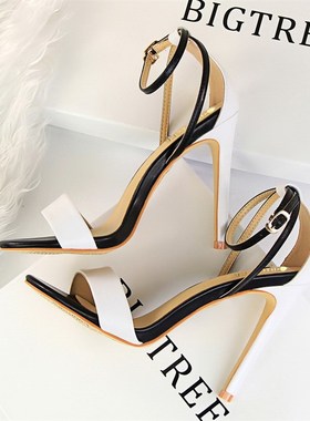 白色高跟鞋女凉鞋女一字带夏季2024新款细跟拼色镂空细带女鞋法式