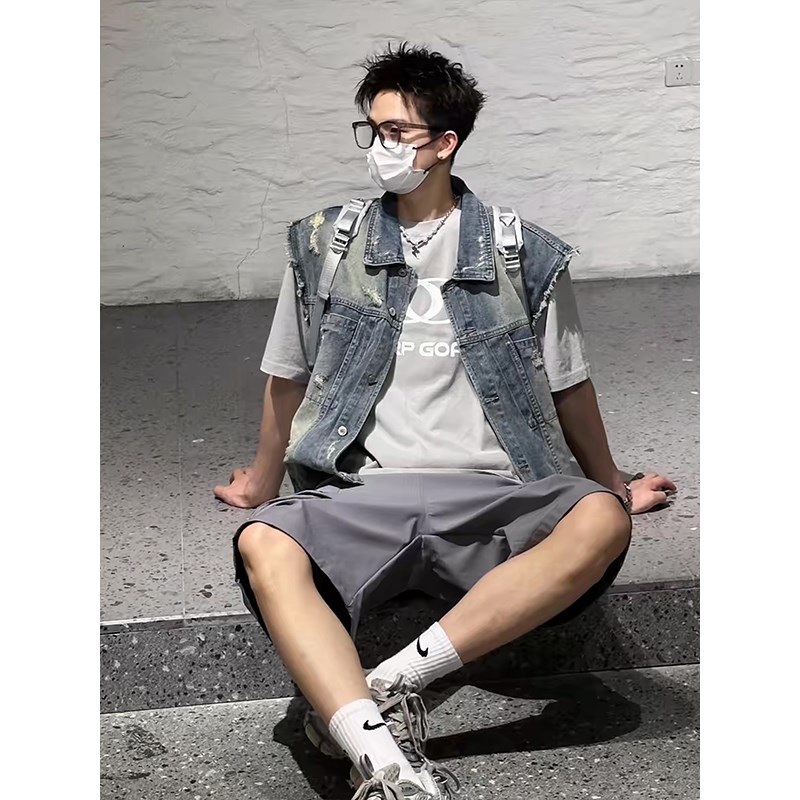 磨破水洗复古做旧牛仔马甲外套男春夏秋季潮流帅气百搭无袖坎肩