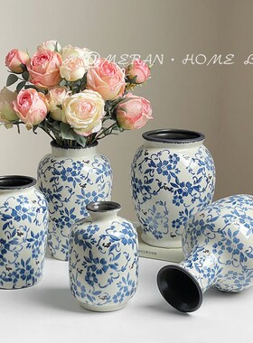 网红复古新中式高级感冰r裂青花瓷陶瓷花瓶客厅插花装饰品摆件花