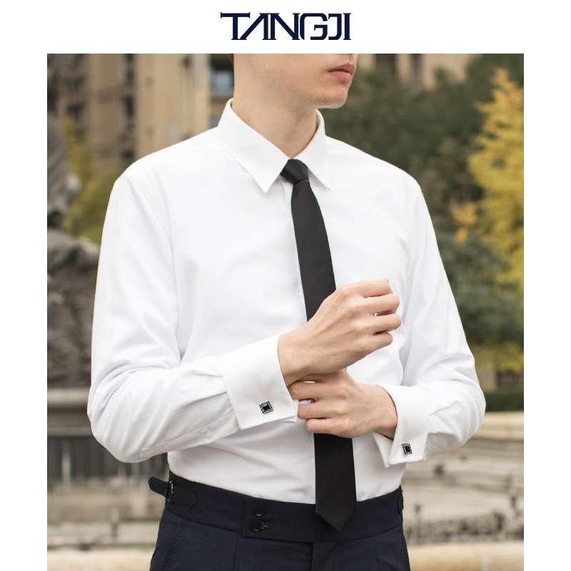 方领结婚礼服白色衬衫法式修身衬衣商务男长袖袖扣衬衫新郎伴郎服