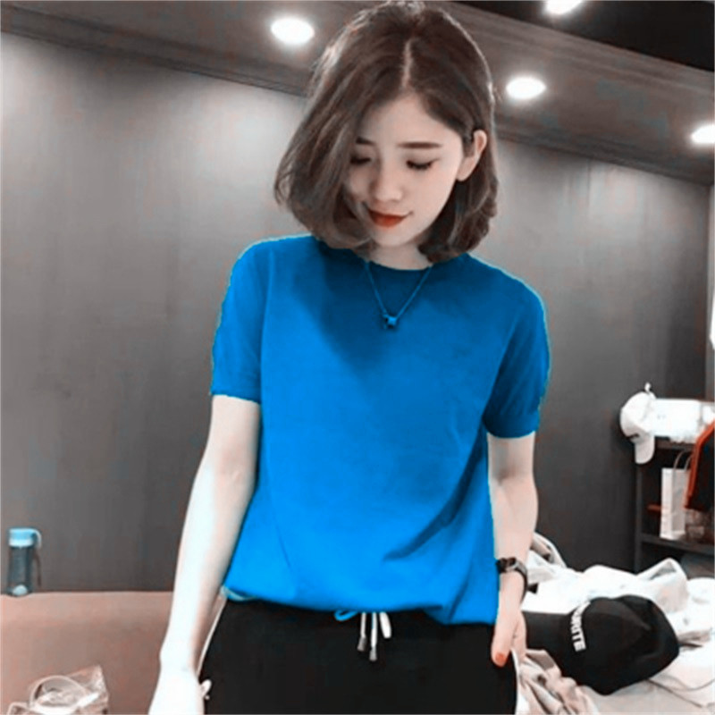 冰丝针织衫2021夏季薄款宽松圆领短袖糖果色打底衫女装t恤上衣潮