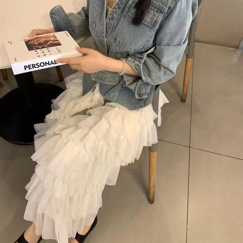 2025春季新款时尚套装裙显瘦牛仔外套+网纱半身裙两件套女莲依莲