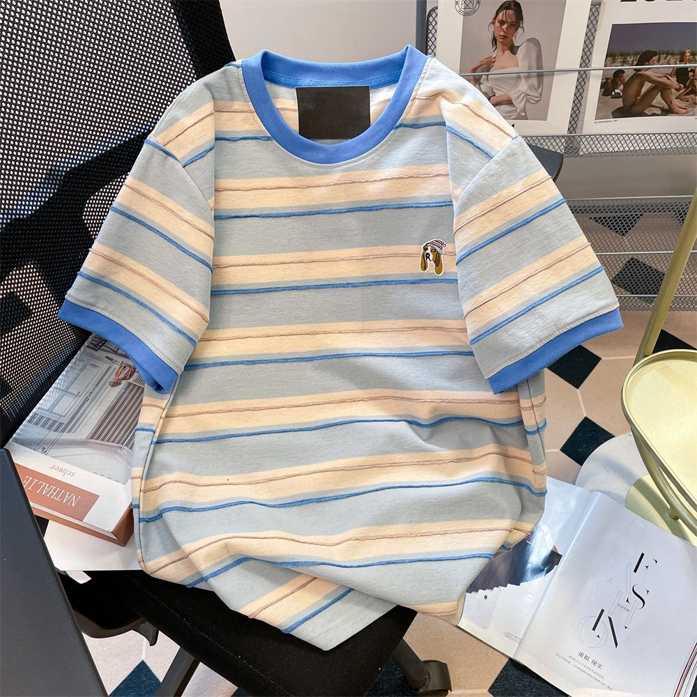 300斤大码男装韩版慵懒风撞色条纹正肩短袖T恤男女夏季宽松上衣服