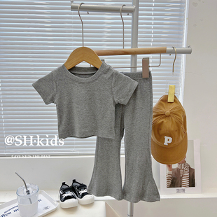 女童短袖套装夏季2023新款洋气宝宝韩版简约服装时尚喇叭裤两件套