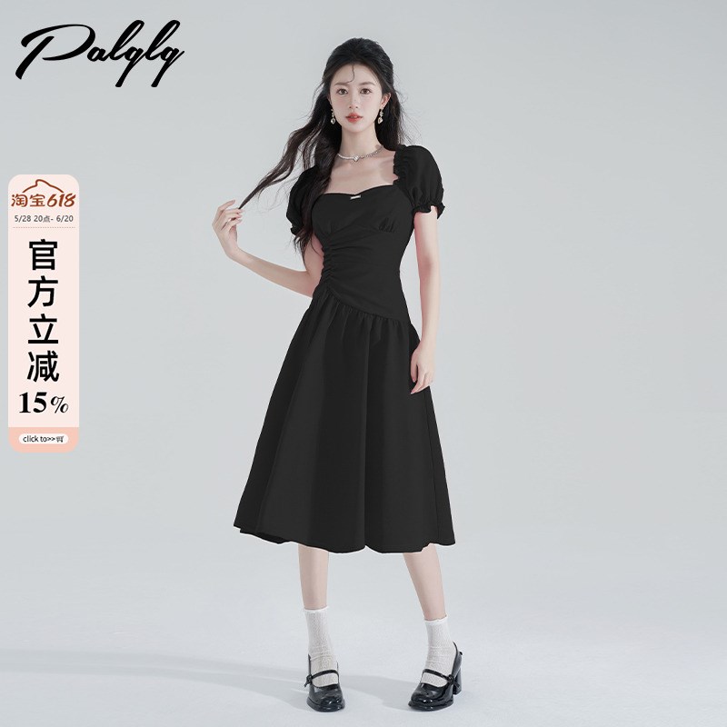 赫本风黑色泡泡袖连衣裙女2025年夏季新款褶皱气质收腰显瘦长款裙
