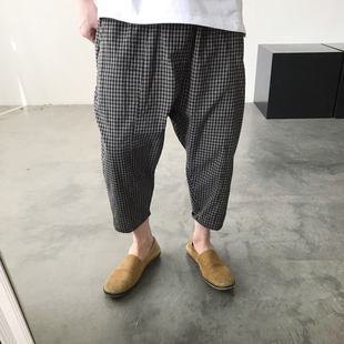 新款 子男裤 日系复古格子七分裤 百搭薄裤 男宽松休闲哈伦裤 2021夏季
