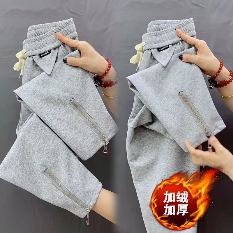 冬季新款加绒加厚九分裤女韩版小个子显瘦宽松萝卜裤纯棉小脚卫裤