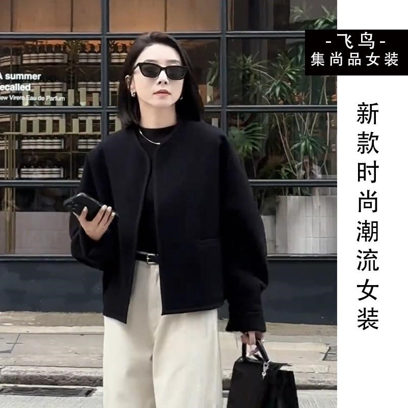 女式秋装新款2025今年流行韩系气质黑色圆领短款长袖上衣开衫外套