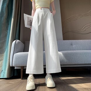白色裤子女夏季薄款2025新款高腰垂感小个子九分直筒裤工装阔腿裤