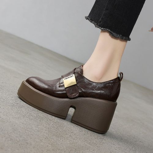 2024秋新款真皮厚底尖头英伦风小皮鞋女坡跟松糕底皮带扣懒人单鞋