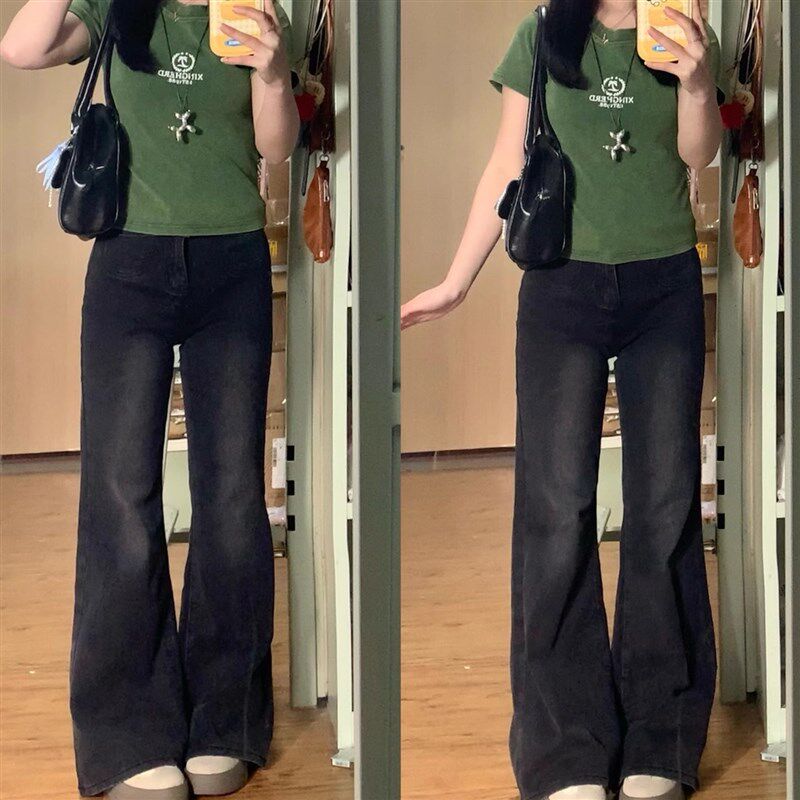 黑灰渐变牛仔裤2025新款胖mm遮肉显瘦不贴腿高腰宽松微喇裤子女