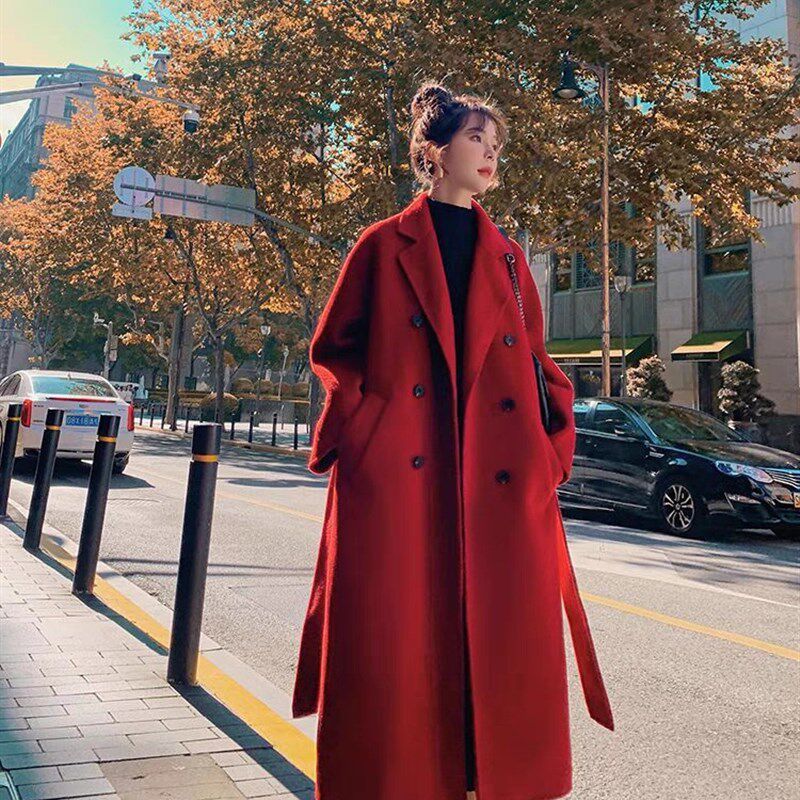 红色毛呢外套女秋冬季加厚2024新款高级感新娘结婚回门服呢子大衣