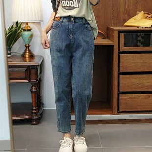 200斤裤 高品质大码 复古松紧高腰弹力老爹裤 胖mm秋季 子 哈伦牛仔裤