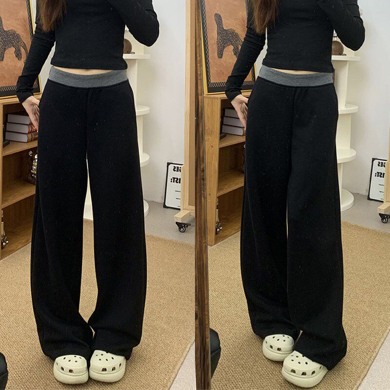 300斤大码女装胖mm美式运动卫裤女高腰直筒垂坠感黑色显瘦休闲裤