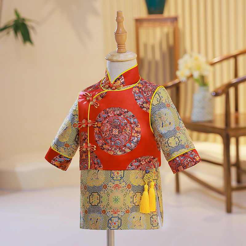 儿童唐装套装夏季男童拜年服中国风抓周礼服男宝宝一周岁衣服红色